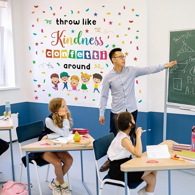 LHIUEM Big Throw Kindness Around Like Confetti Wall Decals Spread Kindness Bulletin Board Decorations Kit,Large Kindness Inspirational Quote Mural,Colorful Confetti for School Kids Classroom Playroom