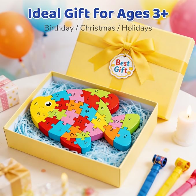 LovesTown Puzzle for Kids, Wooden, 3D Goldfish Shape | for Ages 3-5, Double-Sided, Alphabet Recognition, Number Counting, Fine Motor Skills, Montessori Educational Gifts
