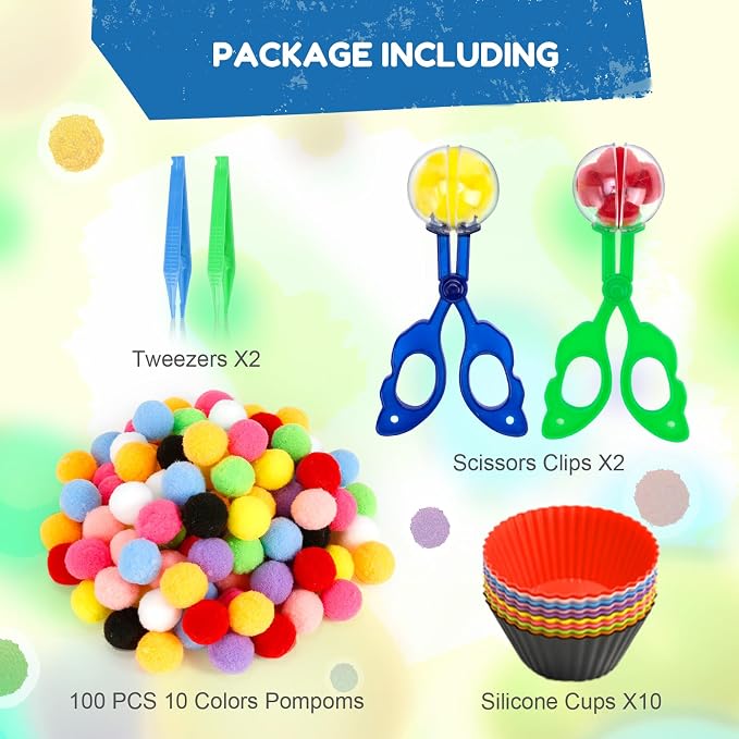 114 PCS Fine Motor Skills Sensory Bin Filler | ncludes 10 Sorting Bowls, 100 Pom Poms, 2 Tweezers, 2 Scooper Scissors for Kids Early Education, Counting Sorting Training De