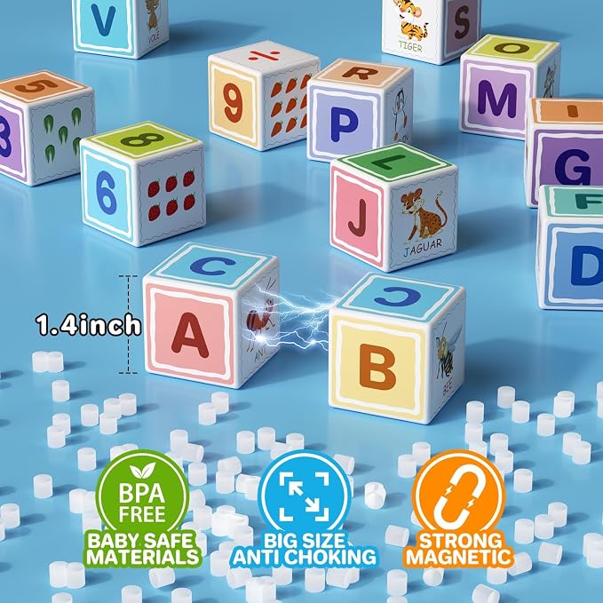 Magnetic Blocks ABC 123 Alphabet Colorful Printed, Building Blocks for Toddler 1-3, Magnet Cubes Sensory Toys, Preschool Early Learning Number,Letter,Animals,Education for Kids Age 1 2 3