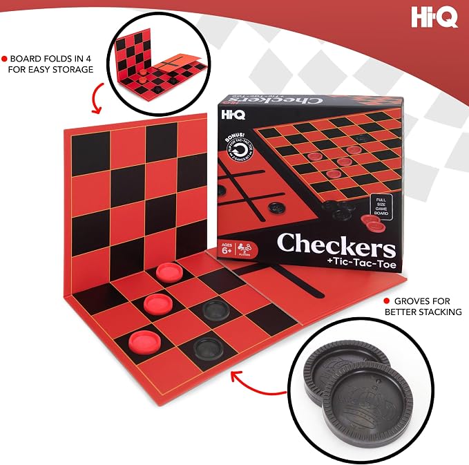 HI-Q Checkers & Tic-Tac-Toe Board Game Set – Multi-Pack Bundle for Family Game Night & Classrooms – Features Interlocking Stacking Pieces & Folding Board – Ages 6+