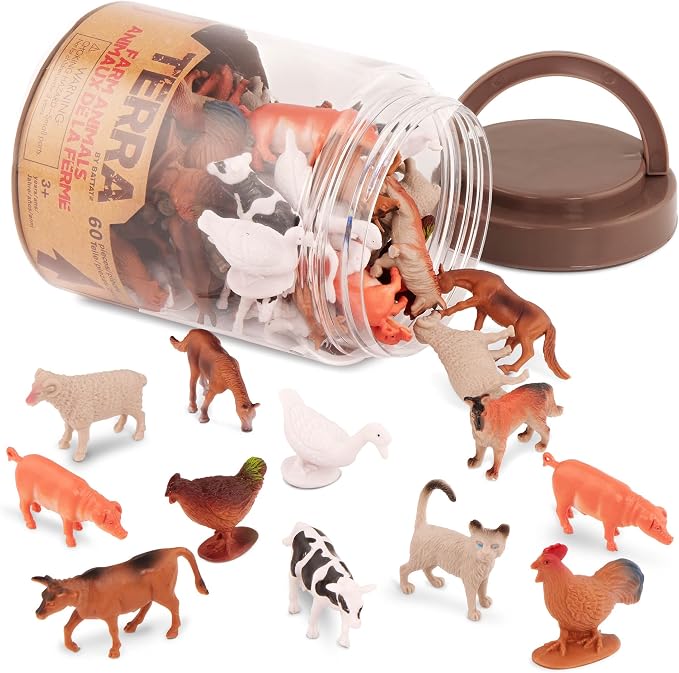 Terra by Battat Farm Animals Toy Tube, 60 Mini Figures, 12 Designs, Tubes | 60 plastic farm animal toys in a storage tube with 12 realistic designs; cow, pig, goat, sheep and more, Animals; 3+ Years