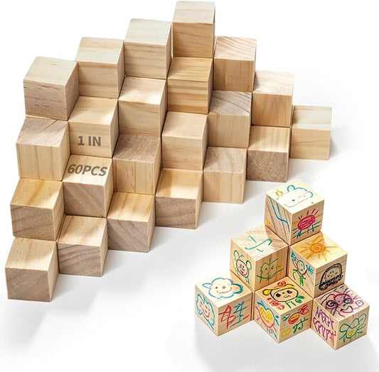 60Pcs Unfinished Wood Cubes,1Inch Wooden Blocks for Crafts | Blank Solid Wood Square Blocks for Painting, Craft Making, DIY,Building Model and Home Decor (60, 1 inch)