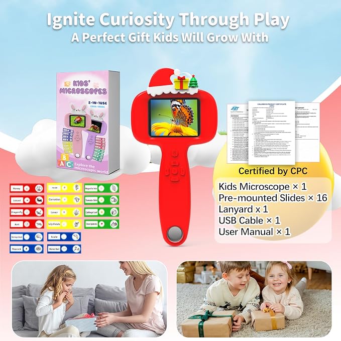 BLACKROOT Microscope for Kids, 2.4" Handheld Digital Pocket Microscope | STEM Educational Science Toys for Christmas Birthday Gifts for 3+ 4 5 6 7 8 9 10 11 12 Year Old Boys Girls, Red