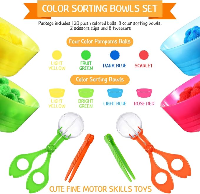 138 Pcs Fine Motor Skills Toys for Early Sensory Education Color Sorting Matching Counting Training, for Ages over 3 Including 8 Sorting Bowls 2 Scissors Clip 8 Tweezers and 120 Colorful Plush Balls