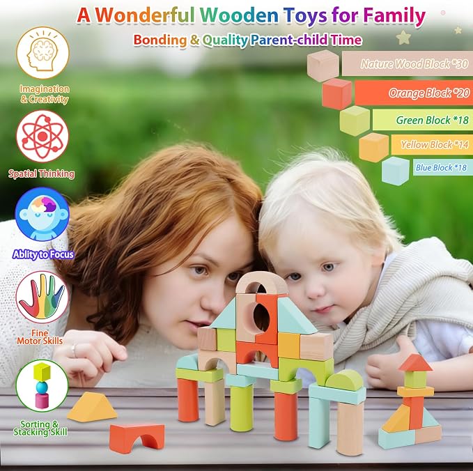 FCSONU Wooden Building Blocks for Toddlers 1-3, 100Pcs Kids Wood Blocks Set | Wooden Blocks for Toddlers 3-5, Montessori Building Toys&Stacking Toys, Easter Christmas 1st Birthday Gifts for Boy Girl Baby