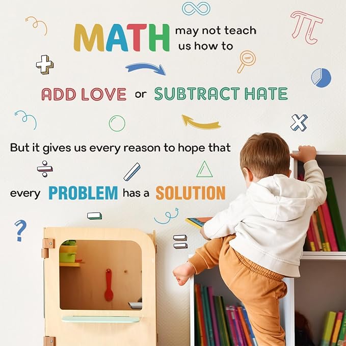 LHIUEM 62pcs Math Wall Stickers Colorful Mathematics Wall Decals Peel and Stick Math Symbols Pattern Kids Stickers Gift Motivational Quotes Wallpapers Problem Solution Sticker for Classroom Nursery
