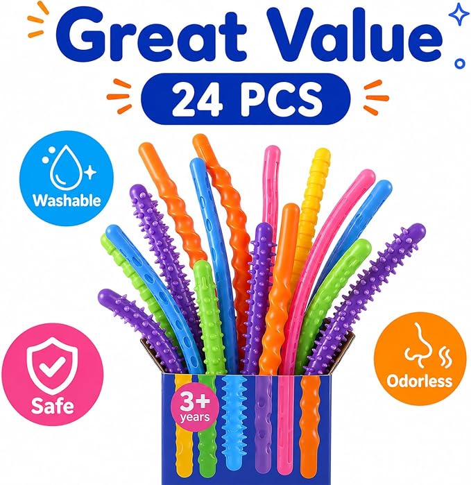 KLT Textured Fidget Sticks 24 Pack Bulk Classroom Prizes | 6 colors, 6 raised textures, bendable design, creative shaping, bulk rewards for party favors, office, gifts