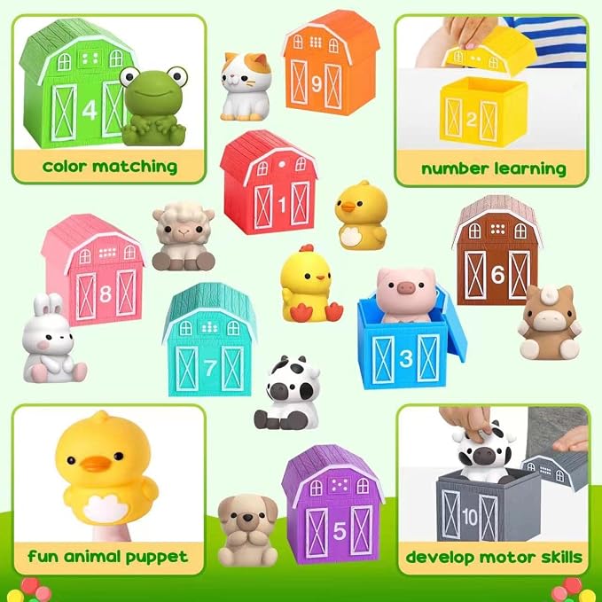 Farm Animal Toys for Toddler 1-3 Year Old, Montessori Toy Gift for Boy Girl | 10 Farm Animal Toys & 10 Barns, Counting, Matching & Sorting Educational Sensory Toys, Christmas Birthday Gift for Baby 1-3