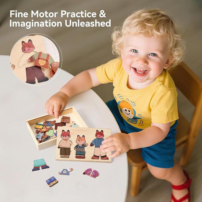 Wooden Dress-Up Puzzle for Ages 3+, Fox Family 17 Mix-and-Match Pieces with Storage Box, Montessori Matching Toy for Fine Motor & Imaginative Play, Birthday