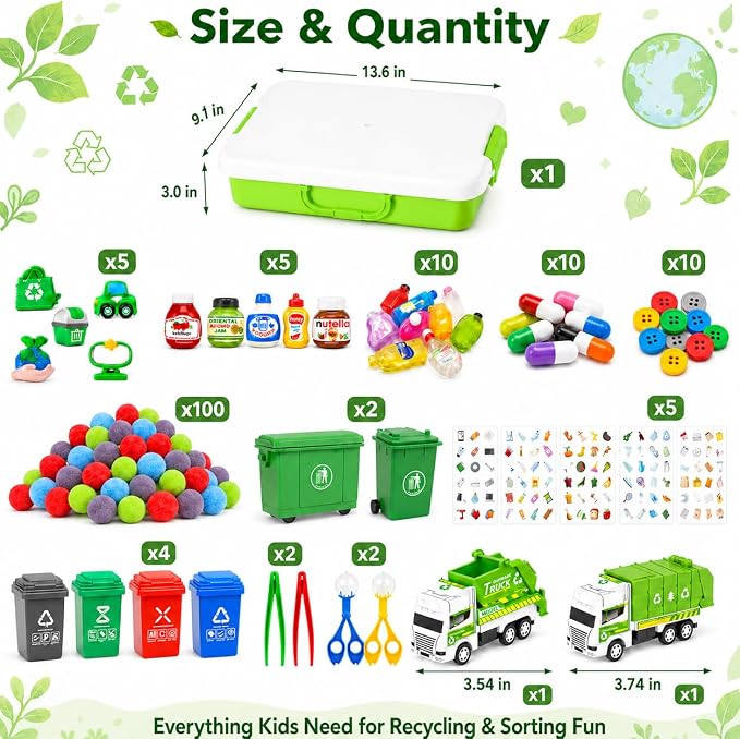 Cinrobiye 163 Pcs Recycling Sorting Activity Set, Earth Day Learning Game with Sorting Bins, Classification Cards and Fine Motor Activities for Preschool Classroom, STEM Educational Learning Supplies