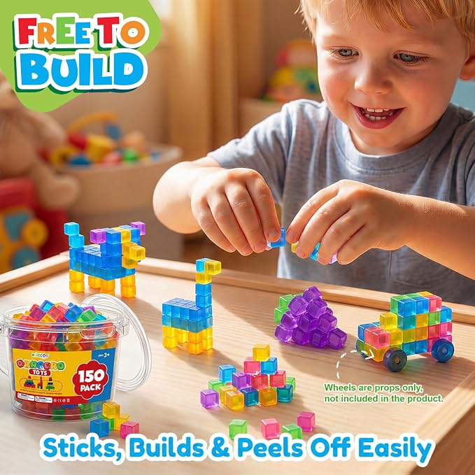 LESONG Mini Sticky Stacking Cubes for Kids: 150 PCS Washable Sensory Building Toy, Soft Squishy 0.39 inch Cubes with Storage Box, Balanced Stickiness for 2D & 3D Building, Translucent Travel Toy