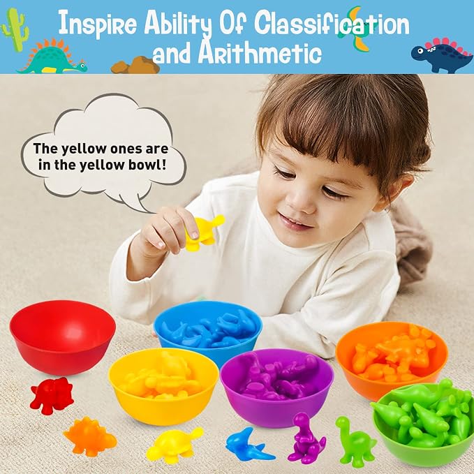 Counting Dinosaurs Color Sorting Toys with Rainbow Bowls,Sensory Training & Counting Activity Montessori Education Learning Activities Easter Basket Stuffers Gifts for Boys Girls