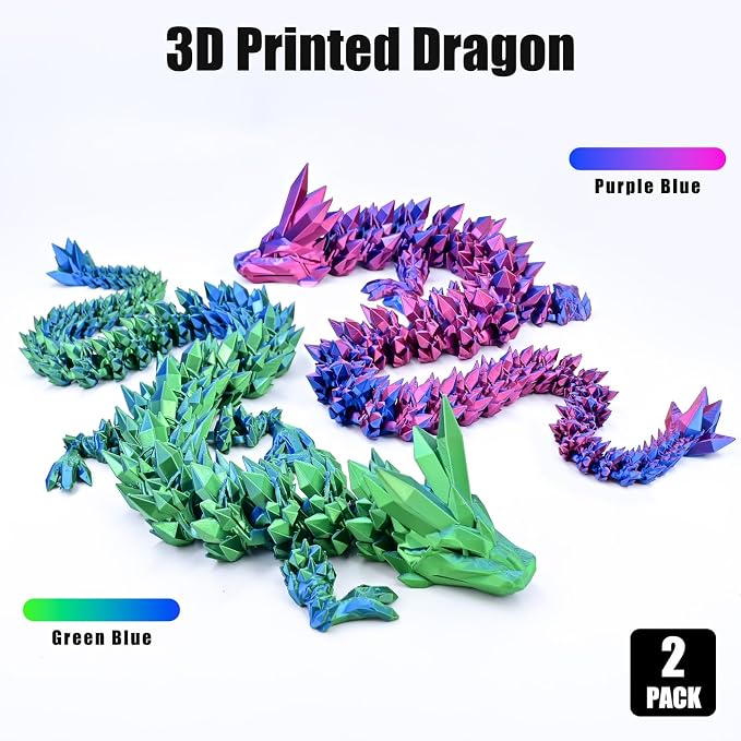 3D Printed Dragon 2 Pack Without Egg, 12 Inch 3D Dragon Flexible Articulated Fidget Toy Blue Green & Red Blue，3D Printed Fidget Toys, Boys Toys for Birthdays, Halloween