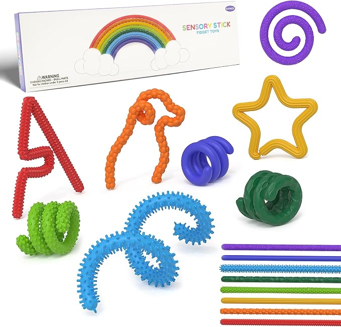 Sensory Fidget Sticks for Kids, Textured Silicone Quiet Toys 8 Pack | Sensory Fidget Sticks for Kids, Flexible Textured Silicone Quiet Desk Toys for Classroom, Travel & Easter Basket Gifts