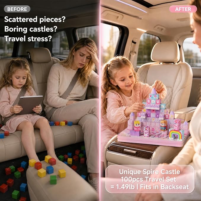 burgkidz Girls Travel Magnetic Blocks: 100pcs Unicorn Toys with Cones Wands | N32 Magnets Hold 15+ on Bumpy Roads, 60-Second Cleanup, 2-Kid Group Play, Essential for Car & Airplane, Ages 3-8
