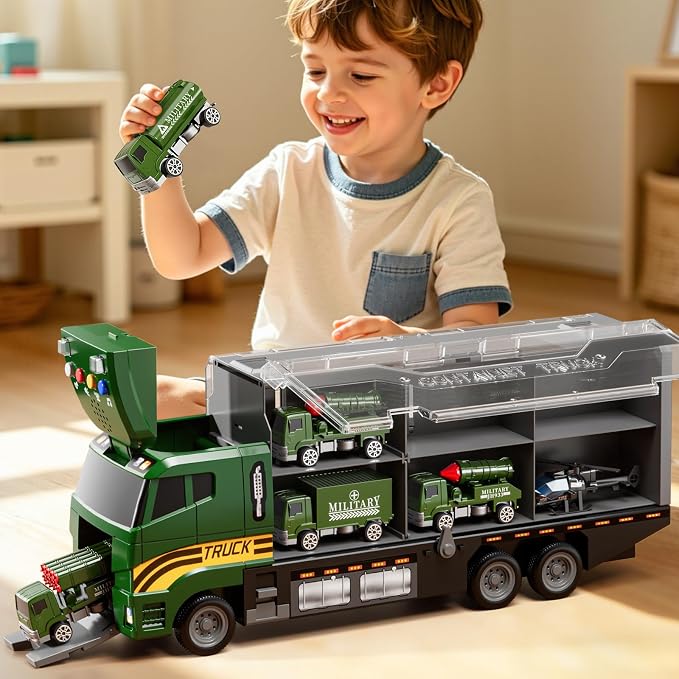 Carrier Truck Toddlers Toys for 3 4 5 6 7 Years Old Boys, Toy Truck Transport Car & Die-Cast Car and Play Mat, Military Toys Birthday Gifts for Kids 3 4 5 6 7 8+ Years Old Boys Girls