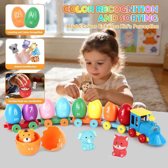 Grarain Toddler Train Toy Set with Farm Animal Finger Puppets & Eggs, Montessori Educational Color Number Sorting Matching Learning Toys for Kids Boys Girls 1-3 Year Old, Fine Motor Gifts