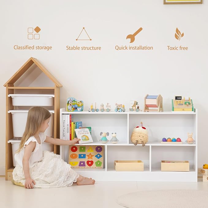White Montessori Toy Shelf for Kids, 5-Section Storage Organizer | Open Shelving with Customizable 5-Section Layout for Kids Room, Playroom, Classroom, Books, and Toys