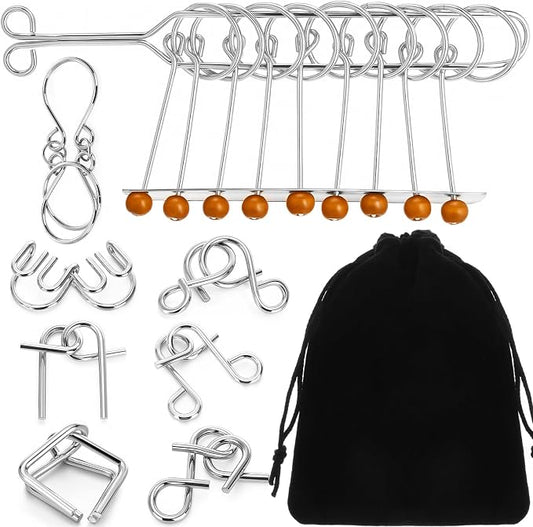 Metal Wire Puzzle Set of 8 with Pouch, Brain Teaser Puzzles IQ Test Ring Disentanglement Unlock Interlock Game Trick Metal for Party Favor Challenge (E Style)