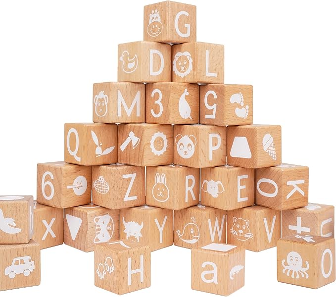 AXEARTE Alphabet Letters Stacking Blocks, 26 Wooden ABC Building Blocks for Toddlers, Number, Animals Icons on Every Side, Preschool Learning Educational Toys Montessori Sensory Toys for Kids（1.18in）