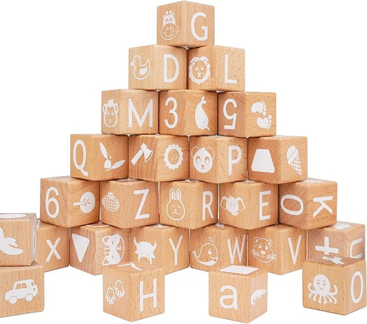 AXEARTE Alphabet Letters Stacking Blocks, 26 Wooden ABC Building Blocks for Toddlers, Number, Animals Icons on Every Side, Preschool Learning Educational Toys Montessori Sensory Toys for Kids（1.18in）