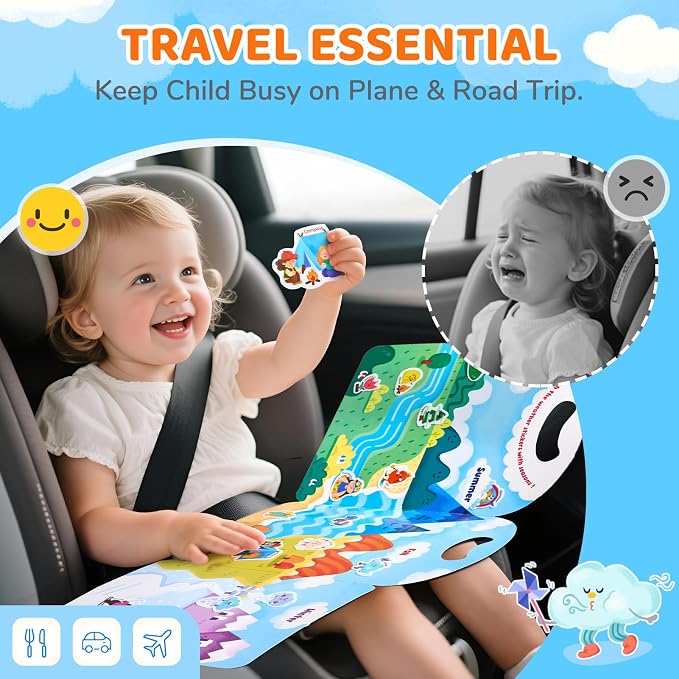JoyCat Reusable Weather Theme Sticker Book, Travel Toys for Toddlers & Kids | Washable stickers make a kids' activity book for car, airplane and road trips; educational birthday gifts for boys and girls.