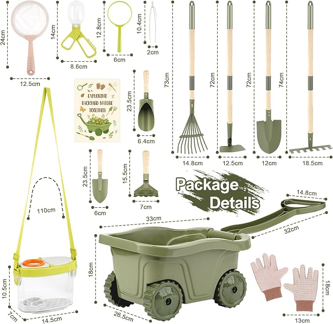 Dreamon Kids Gardening Set, 14Pcs Kids Gardening Tool with Bug Catching Kit | 2-in-1 Outdoor Toys with Wheelbarrow and Bug House, STEM Educational Toys for 3 4 5 Year Old Girls Boys Birthday Gifts, Green