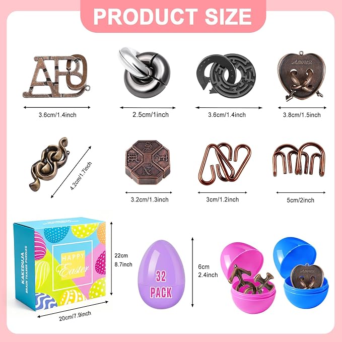 32 Pack Brain Teaser Puzzles & Colorful Easter Eggs - Challenging Metal Wire Puzzles for Kids & Adults - DIY Easter Basket Stuffers, Family Logic Games, Party Favors