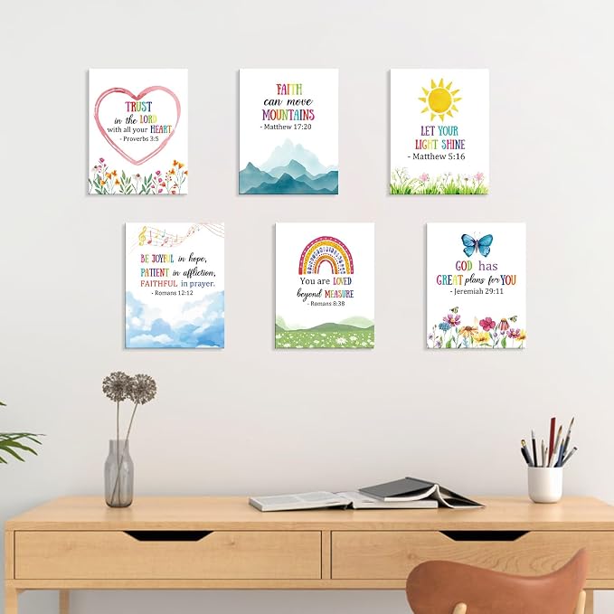 HOURIA Framed Kids Rainbow Religious Christian Wall Art (6pcs,8“X10” | Sunday School Decorations For Classroom playroom