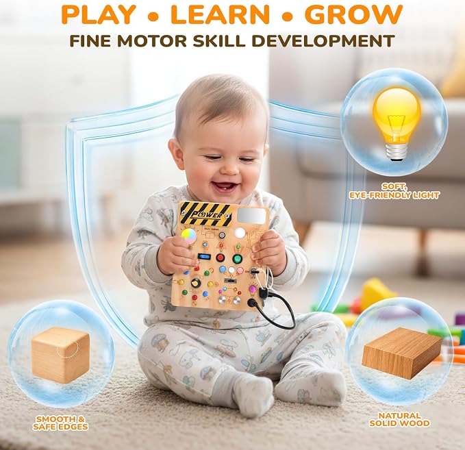Busy Board for Toddlers - Montessori Toys for 1-3 Year Old Boys & Girls | 12 Switches & 22 Lights Sensory Activity Board, Develops Fine Motor Skills, Educational Travel Toys, Birthday Gift for Kids