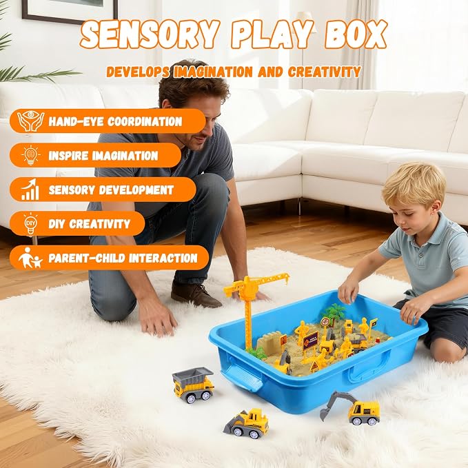 Construction Sensory Sand Kit, Complete Sensory Bin with Lid | 2.64lbs Magic Sand, Construction Tools, STEM Montessori Construction Sensory Toys for Kids 3-8, Boy Christmas Birthday Gifts