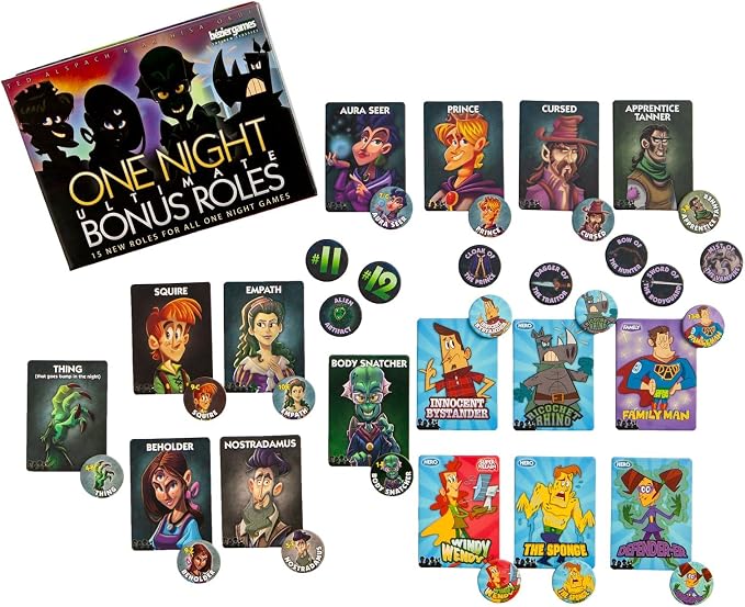 Bezier Games One Night Ultimate Bonus Roles Expansion, Adds 16 New Roles | Artifact Tokens & Player Number Tokens for One Night Ultimate Werewolf, Vampire, Alien & Super Villains, Ages 14+