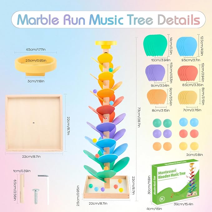 Wooden Marble Run Music Tree Montessori Toy for Ages 3+ Ball Drop Toy | Montessori Toys Rainbow Marble Run Learning Game Creative Color Sorting Toy Birthday Gift for Boys and Girls Ages 3+
