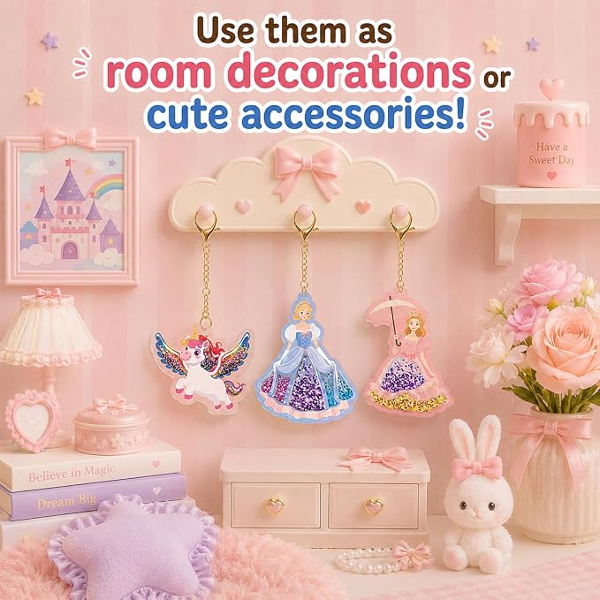 DIY Glitter Craft Kit with Keychains - Mess-Free Arts and Crafts for Kids Ages 4-8, Fun Shake-It Activity, Creative Travel Toys, Party Favors & Birthday Gifts for Girls 4-9