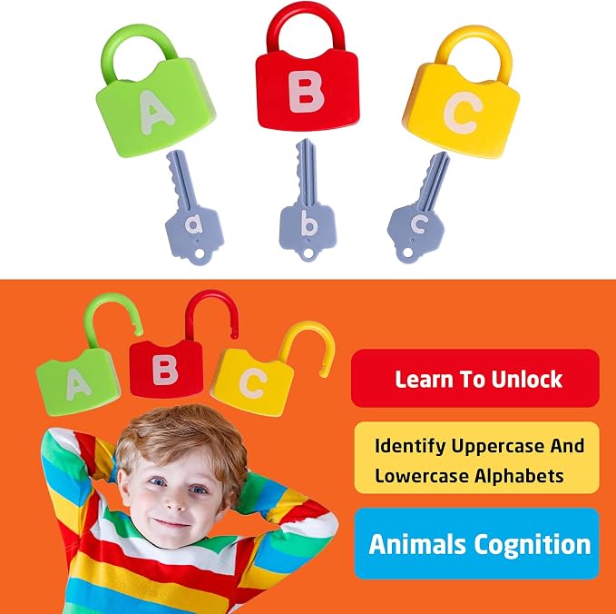 Dinhon Color Alphabet Learning Lock Toys Educational Letter Combination-with 26 Locks, 26 Keys Montessori Preschool Alphabet Learning Game for Ages 3 yrs+