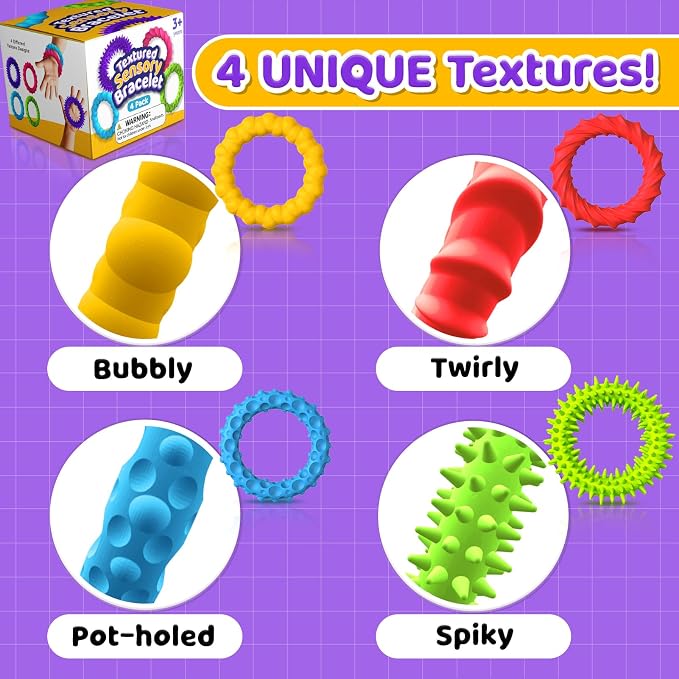 Sensory Toys Fidget Prizes for Kids Adults Autism 4 Pack Stretchy Bracelets | Textured Treasure Prizes Classroom Squishy Fidgets for Stress, Special Needs for Autistic Boys Girls Stocking Stuffers Gifts