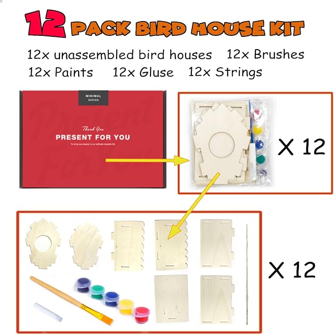 hapray 12 Pack Bird House Kit for Kids, DIY Wooden Birdhouse with Paints