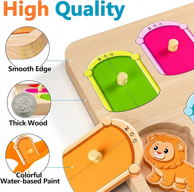 Wooden Animal Peg Puzzle : Baby Puzzles 12-18 Months, Montessori Baby Toys for 1 Year Old, Preschool Learning Activities for Toddlers 1-3, Christmas Birthday Gifts for Boys, Girls