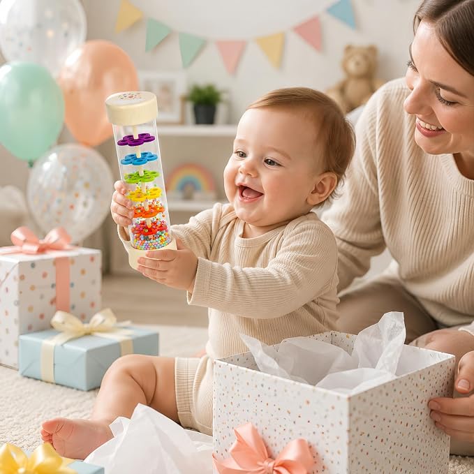 Oneshow Wooden Rain Stick Montessori Toys for Baby 6-12 Months, Rainmaker | Rain Stick Baby Toy-Musical Developmental Sensory with Soothing Rain Sounds, Wooden Shaker Gift for Toddlers 1 Year Old 7.7"