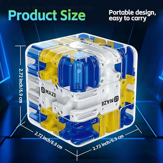 3D Rolling Ball Maze Cube, Large Labyrinth 3D Puzzle Marble Maze Cube, Brain Teaser Game, Educational Learning Sensory Toys Gift for 3+ Age Kids Adults, Logical Thinking, Family Board Games Blue 2.7"