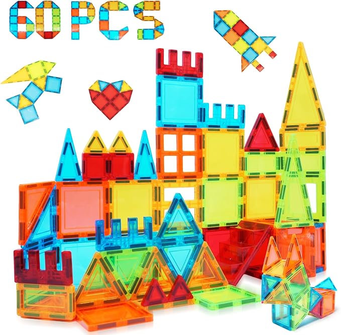 Magnetic Tiles, 60 PCS Magnetic Tiles Building Set, Educational STEM Magnets Tile Toys for Boys Kids Toddlers Ages 3 4 5 6 7 8 9+ Year Old