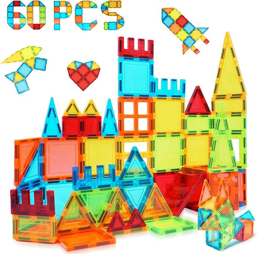 Magnetic Tiles, 60 PCS Magnetic Tiles Building Set, Educational STEM Magnets Tile Toys for Boys Kids Toddlers Ages 3 4 5 6 7 8 9+ Year Old