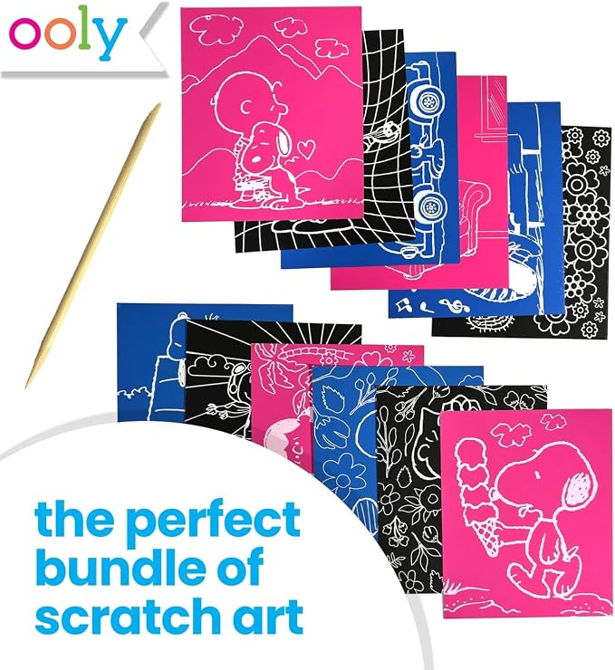 Ooly x Peanuts Snoopy Scratch & Scribble Art Kit, 12 Cards, Woodstock | Ages 6+, Wooden Stylus and Stickers Included, Screen-Free Portable Car and Airplane Travel Activity, Gift for Kids