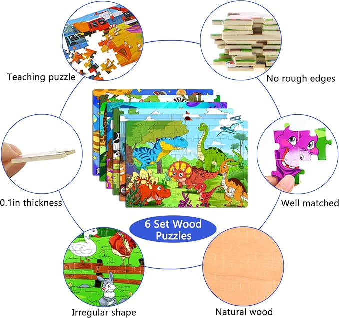 Puzzles for Kids Ages 4-6, 6 Pack 60 PCs Wooden Jigsaw Puzzles | Puzzles for Kids Ages 3-5, Preschool Educational Learning Toys, Birthday Gifts Set for Boys and Girls, Screen-Free Play