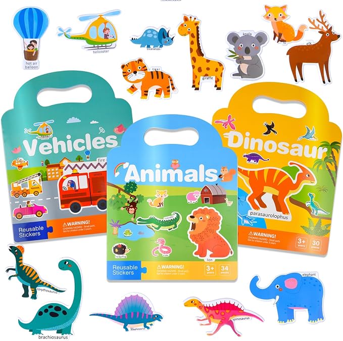 ASTARON 3 Pack Reusable Sticker Books for Toddlers,Educational Sensory Toy | Reusable Sticker,Waterproof Jelly Stickers, Portable Travel Toys,Educational Sensory Learning Toy,Gift for Boy Girl