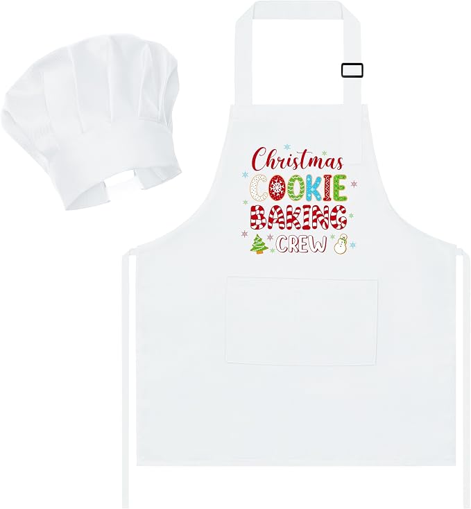 R HORSE 2 Pieces Christmas Kid Apron and Chef Hat Set, Pretend Play Toy | Xmas White Christmas Cookie Baking Crew Children Kitchen Apron, Ideal for Cooking, Baking, Painting, Birthday Christmas Gift