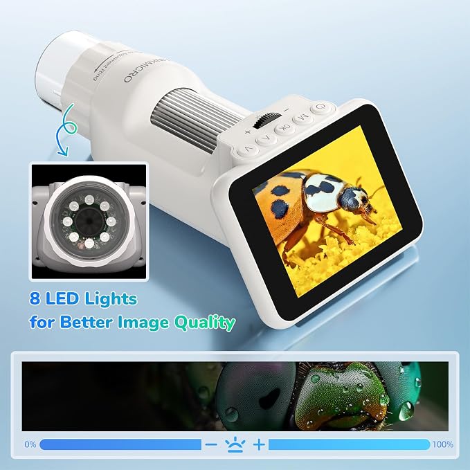 LM013 Digital Microscope with 2.8" Screen for Kids Adults, Anti-Shake Portable USB Coin Magnifier 120X with 8 LED Lights, 1080P Video, Prepared Slides, PC View