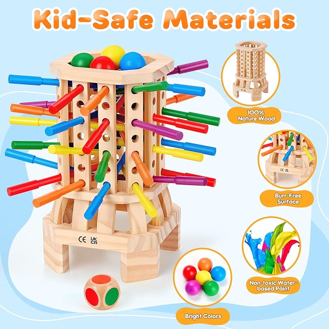 Montessori Wooden Board Game, Colorful Sticks & Ball Drop Games for Kids, Fine Motor Skills & Math Learning Toy for 3 4 5 6 Year Old, 2-6 Player Family Travel Game, Birthday Gift for Boys Girls Age 3+