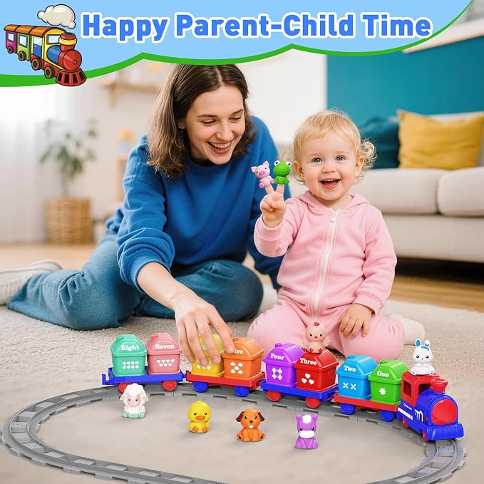 Electric Train Set for Toddlers 2-4 with Farm Animals, Music & Lights, Blue | Montessori Counting & Sorting Train Toy, 37 Pieces with 8 Farm Animal Finger Puppets and Numbered Barns for Toddlers